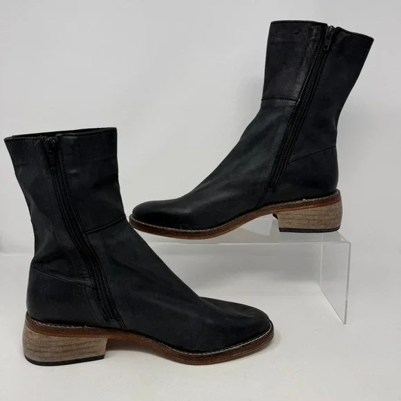 Free People Leo Ankle Boots Women's EU 40 US 10 Leather Block Heel Black - Picture 3 of 9